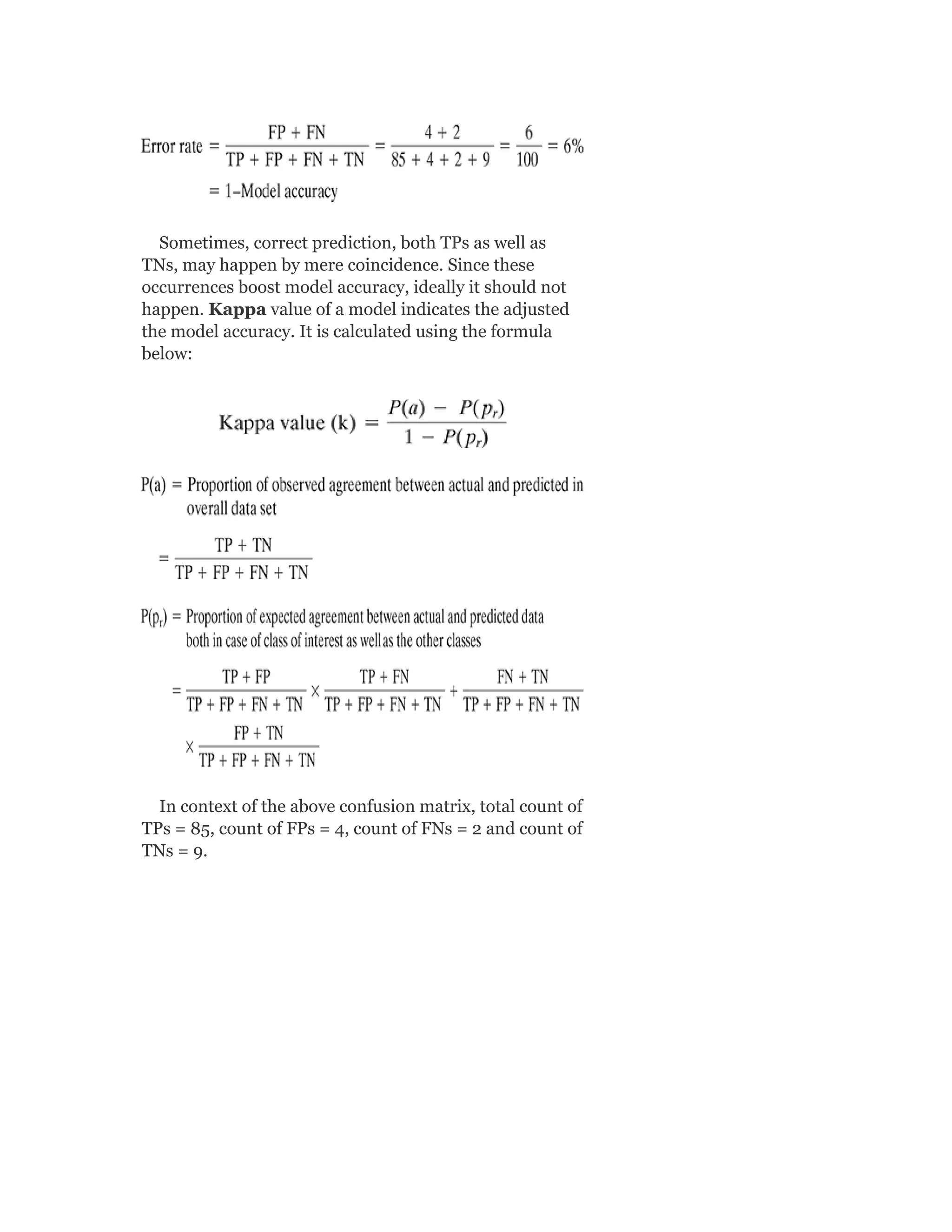 Sometimes, correct prediction, both TPs as well as
TNs, may happen by mere coincidence. Since these
occurrences boost model accuracy, ideally it should not
happen. Kappa value of a model indicates the adjusted
the model accuracy. It is calculated using the formula
below:
In context of the above confusion matrix, total count of
TPs = 85, count of FPs = 4, count of FNs = 2 and count of
TNs = 9.
 