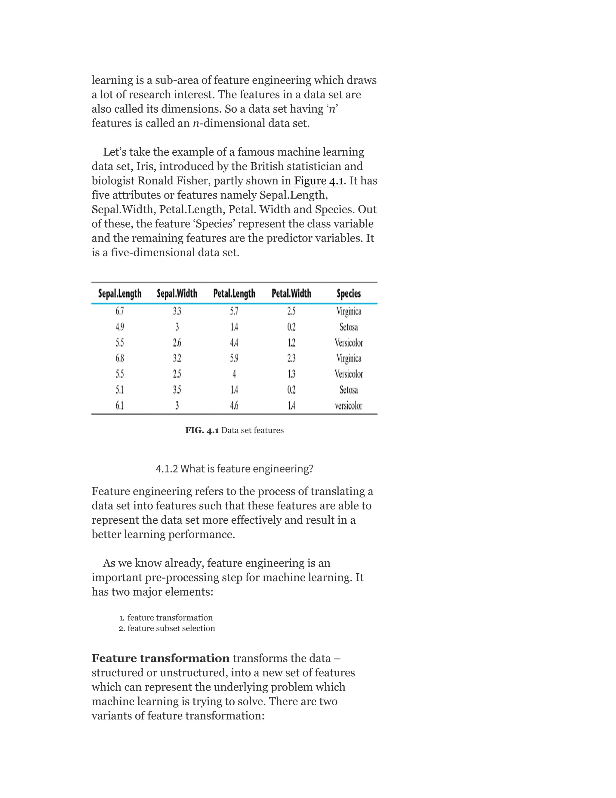 learning is a sub-area of feature engineering which draws
a lot of research interest. The features in a data set are
also called its dimensions. So a data set having ‘n’
features is called an n-dimensional data set.
Let’s take the example of a famous machine learning
data set, Iris, introduced by the British statistician and
biologist Ronald Fisher, partly shown in Figure 4.1. It has
five attributes or features namely Sepal.Length,
Sepal.Width, Petal.Length, Petal. Width and Species. Out
of these, the feature ‘Species’ represent the class variable
and the remaining features are the predictor variables. It
is a five-dimensional data set.
FIG. 4.1 Data set features
4.1.2 What is feature engineering?
Feature engineering refers to the process of translating a
data set into features such that these features are able to
represent the data set more effectively and result in a
better learning performance.
As we know already, feature engineering is an
important pre-processing step for machine learning. It
has two major elements:
1. feature transformation
2. feature subset selection
Feature transformation transforms the data –
structured or unstructured, into a new set of features
which can represent the underlying problem which
machine learning is trying to solve. There are two
variants of feature transformation:
 