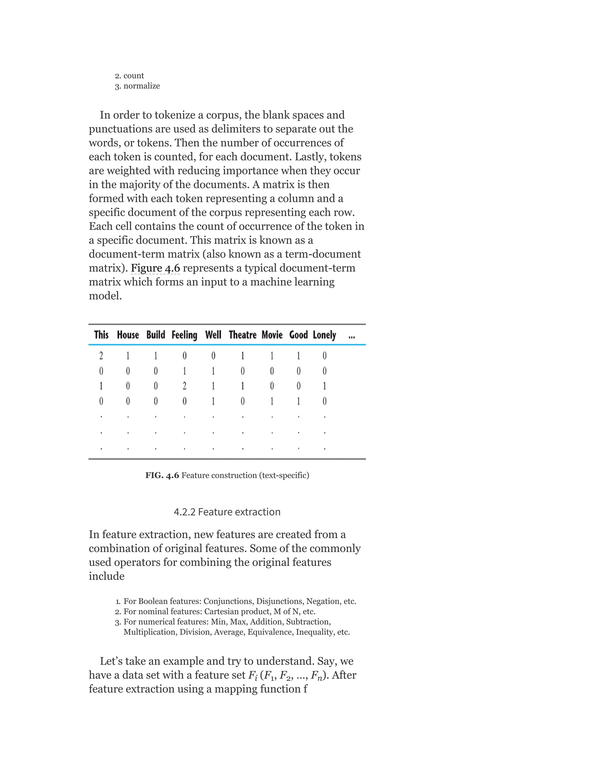 2. count
3. normalize
In order to tokenize a corpus, the blank spaces and
punctuations are used as delimiters to separate out the
words, or tokens. Then the number of occurrences of
each token is counted, for each document. Lastly, tokens
are weighted with reducing importance when they occur
in the majority of the documents. A matrix is then
formed with each token representing a column and a
specific document of the corpus representing each row.
Each cell contains the count of occurrence of the token in
a specific document. This matrix is known as a
document-term matrix (also known as a term-document
matrix). Figure 4.6 represents a typical document-term
matrix which forms an input to a machine learning
model.
FIG. 4.6 Feature construction (text-specific)
4.2.2 Feature extraction
In feature extraction, new features are created from a
combination of original features. Some of the commonly
used operators for combining the original features
include
1. For Boolean features: Conjunctions, Disjunctions, Negation, etc.
2. For nominal features: Cartesian product, M of N, etc.
3. For numerical features: Min, Max, Addition, Subtraction,
Multiplication, Division, Average, Equivalence, Inequality, etc.
Let’s take an example and try to understand. Say, we
have a data set with a feature set F (F , F , …, F ). After
feature extraction using a mapping function f
i 1 2 n
 