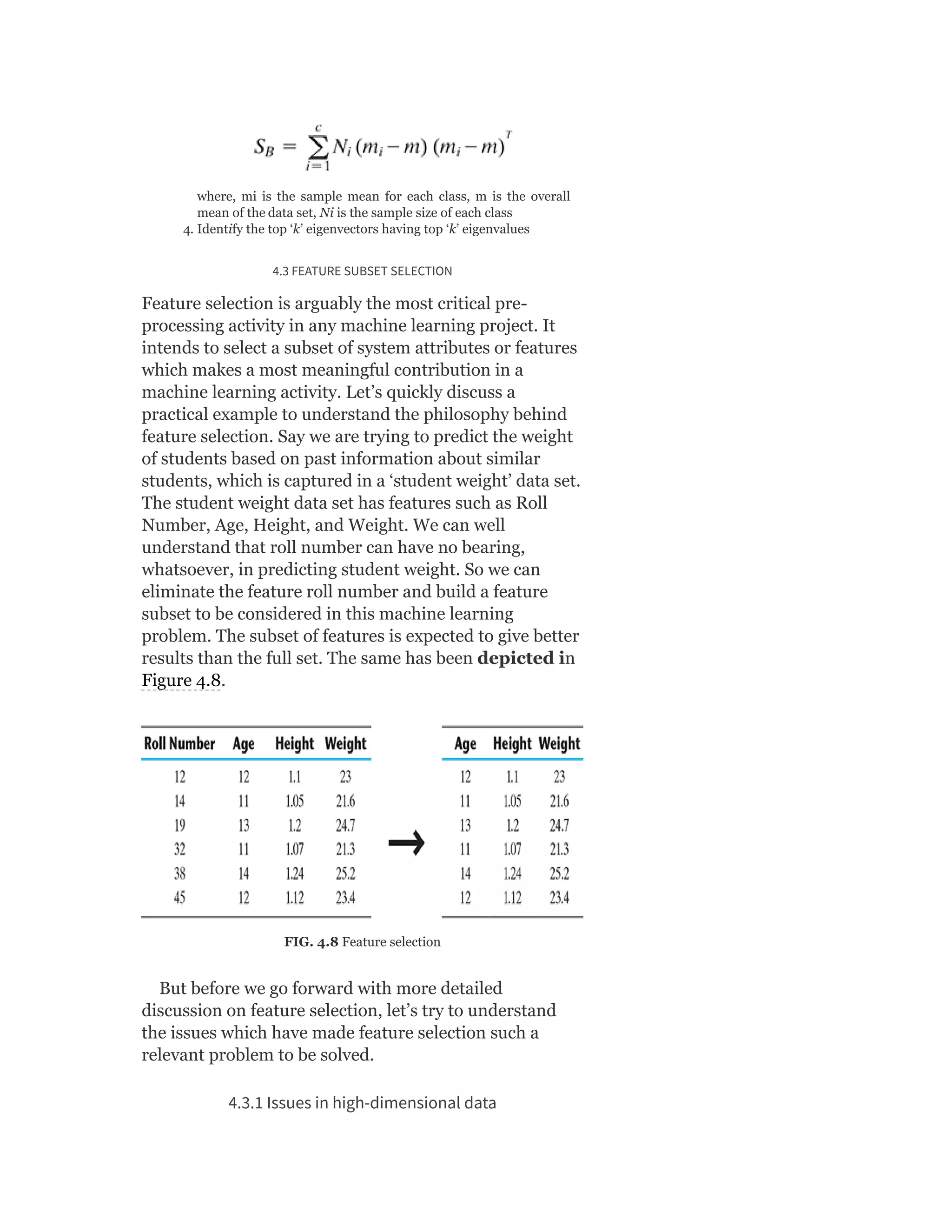 where, mi is the sample mean for each class, m is the overall
mean of the data set, Ni is the sample size of each class
4. Identify the top ‘k’ eigenvectors having top ‘k’ eigenvalues
4.3 FEATURE SUBSET SELECTION
Feature selection is arguably the most critical pre-
processing activity in any machine learning project. It
intends to select a subset of system attributes or features
which makes a most meaningful contribution in a
machine learning activity. Let’s quickly discuss a
practical example to understand the philosophy behind
feature selection. Say we are trying to predict the weight
of students based on past information about similar
students, which is captured in a ‘student weight’ data set.
The student weight data set has features such as Roll
Number, Age, Height, and Weight. We can well
understand that roll number can have no bearing,
whatsoever, in predicting student weight. So we can
eliminate the feature roll number and build a feature
subset to be considered in this machine learning
problem. The subset of features is expected to give better
results than the full set. The same has been depicted in
Figure 4.8.
FIG. 4.8 Feature selection
But before we go forward with more detailed
discussion on feature selection, let’s try to understand
the issues which have made feature selection such a
relevant problem to be solved.
4.3.1 Issues in high-dimensional data
 