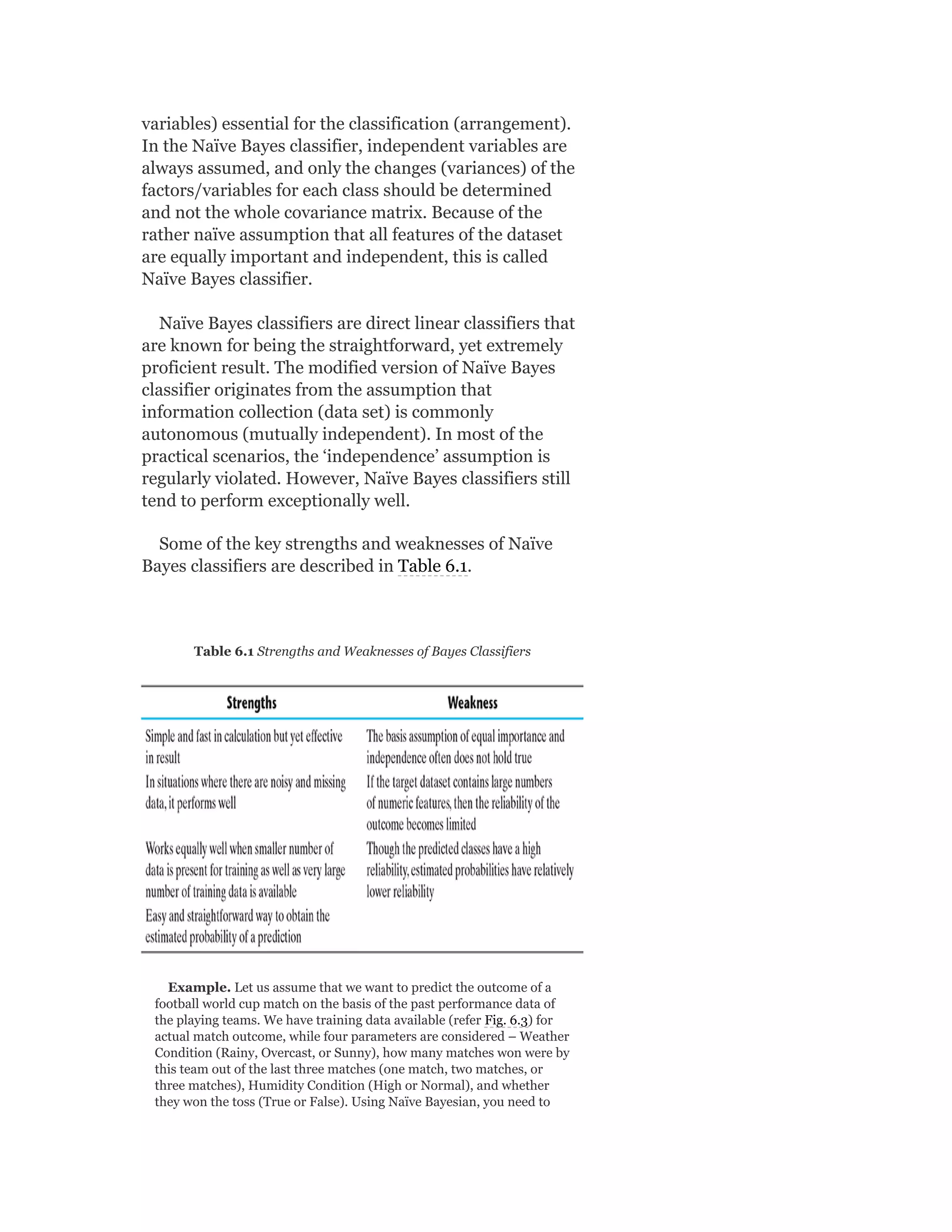 variables) essential for the classification (arrangement).
In the Naïve Bayes classifier, independent variables are
always assumed, and only the changes (variances) of the
factors/variables for each class should be determined
and not the whole covariance matrix. Because of the
rather naïve assumption that all features of the dataset
are equally important and independent, this is called
Naïve Bayes classifier.
Naïve Bayes classifiers are direct linear classifiers that
are known for being the straightforward, yet extremely
proficient result. The modified version of Naïve Bayes
classifier originates from the assumption that
information collection (data set) is commonly
autonomous (mutually independent). In most of the
practical scenarios, the ‘independence’ assumption is
regularly violated. However, Naïve Bayes classifiers still
tend to perform exceptionally well.
Some of the key strengths and weaknesses of Naïve
Bayes classifiers are described in Table 6.1.
Table 6.1 Strengths and Weaknesses of Bayes Classifiers
Example. Let us assume that we want to predict the outcome of a
football world cup match on the basis of the past performance data of
the playing teams. We have training data available (refer Fig. 6.3) for
actual match outcome, while four parameters are considered – Weather
Condition (Rainy, Overcast, or Sunny), how many matches won were by
this team out of the last three matches (one match, two matches, or
three matches), Humidity Condition (High or Normal), and whether
they won the toss (True or False). Using Naïve Bayesian, you need to
 
