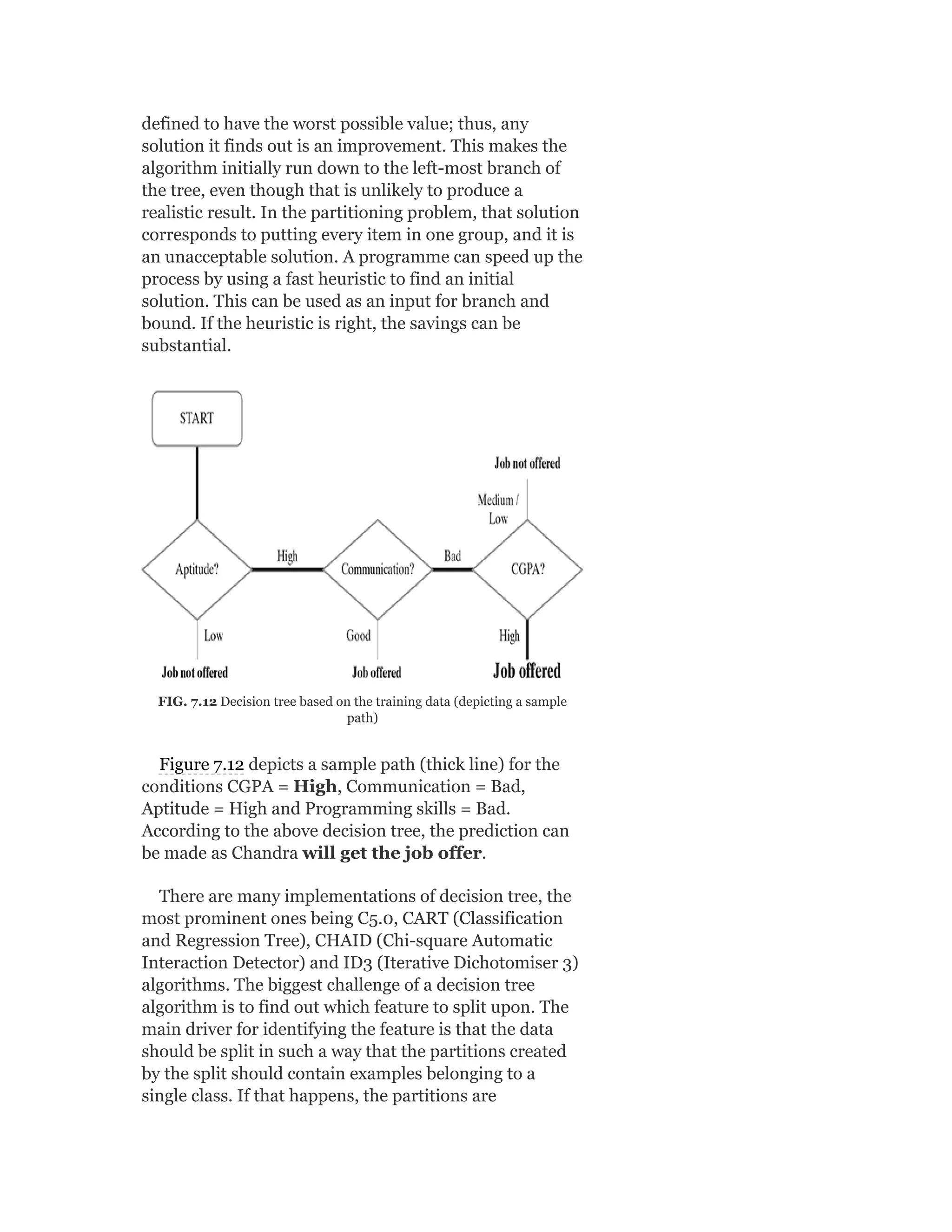 defined to have the worst possible value; thus, any
solution it finds out is an improvement. This makes the
algorithm initially run down to the left-most branch of
the tree, even though that is unlikely to produce a
realistic result. In the partitioning problem, that solution
corresponds to putting every item in one group, and it is
an unacceptable solution. A programme can speed up the
process by using a fast heuristic to find an initial
solution. This can be used as an input for branch and
bound. If the heuristic is right, the savings can be
substantial.
FIG. 7.12 Decision tree based on the training data (depicting a sample
path)
Figure 7.12 depicts a sample path (thick line) for the
conditions CGPA = High, Communication = Bad,
Aptitude = High and Programming skills = Bad.
According to the above decision tree, the prediction can
be made as Chandra will get the job offer.
There are many implementations of decision tree, the
most prominent ones being C5.0, CART (Classification
and Regression Tree), CHAID (Chi-square Automatic
Interaction Detector) and ID3 (Iterative Dichotomiser 3)
algorithms. The biggest challenge of a decision tree
algorithm is to find out which feature to split upon. The
main driver for identifying the feature is that the data
should be split in such a way that the partitions created
by the split should contain examples belonging to a
single class. If that happens, the partitions are
 