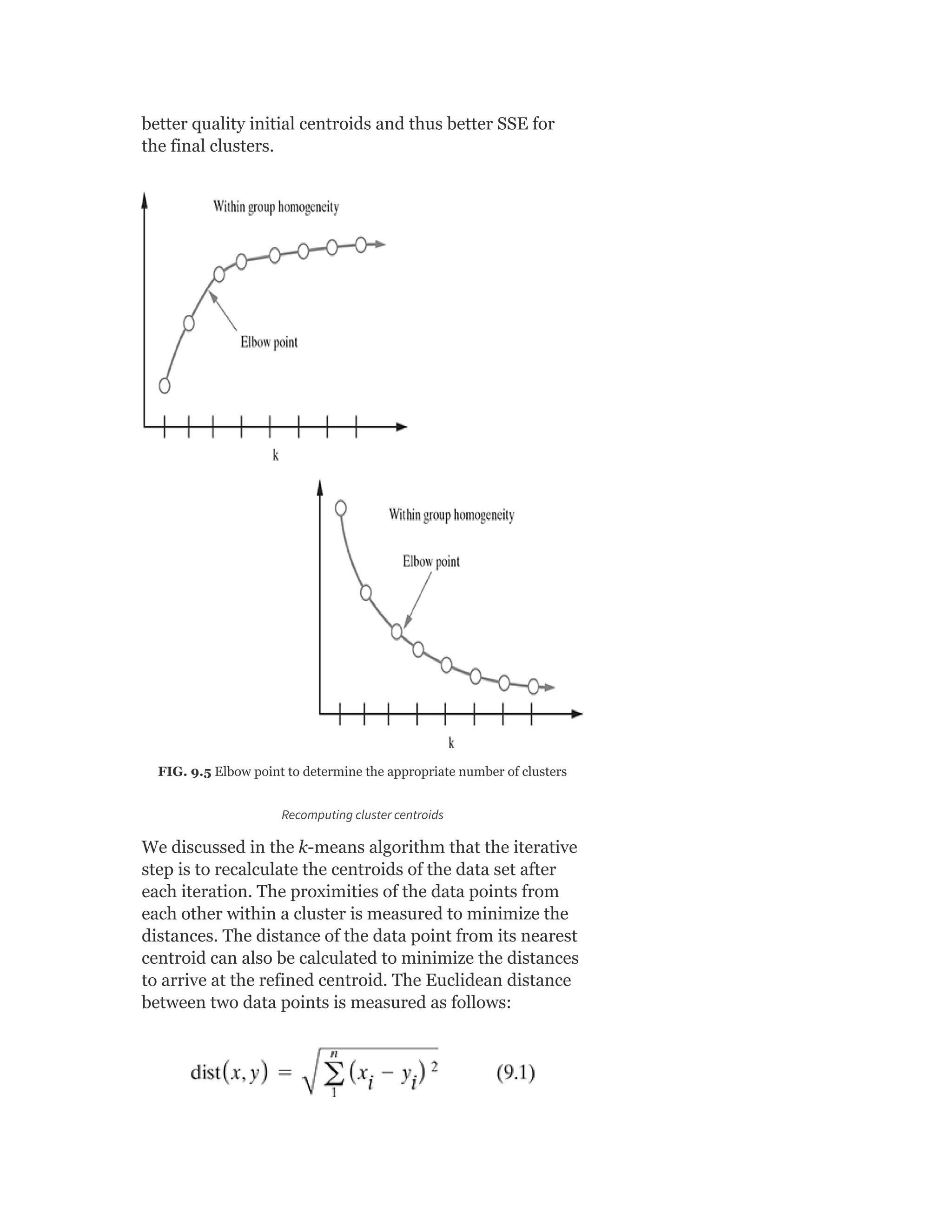 better quality initial centroids and thus better SSE for
the final clusters.
FIG. 9.5 Elbow point to determine the appropriate number of clusters
Recomputing cluster centroids
We discussed in the k-means algorithm that the iterative
step is to recalculate the centroids of the data set after
each iteration. The proximities of the data points from
each other within a cluster is measured to minimize the
distances. The distance of the data point from its nearest
centroid can also be calculated to minimize the distances
to arrive at the refined centroid. The Euclidean distance
between two data points is measured as follows:
 