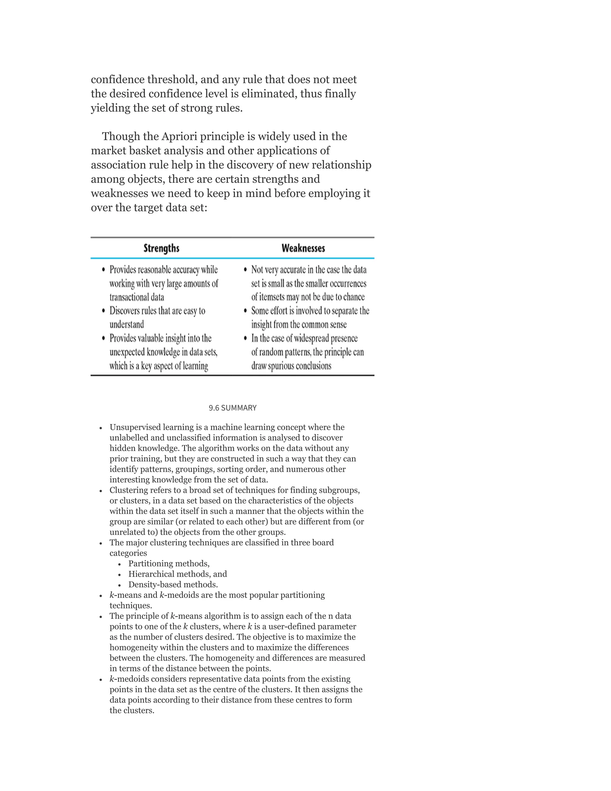 confidence threshold, and any rule that does not meet
the desired confidence level is eliminated, thus finally
yielding the set of strong rules.
Though the Apriori principle is widely used in the
market basket analysis and other applications of
association rule help in the discovery of new relationship
among objects, there are certain strengths and
weaknesses we need to keep in mind before employing it
over the target data set:
9.6 SUMMARY
Unsupervised learning is a machine learning concept where the
unlabelled and unclassified information is analysed to discover
hidden knowledge. The algorithm works on the data without any
prior training, but they are constructed in such a way that they can
identify patterns, groupings, sorting order, and numerous other
interesting knowledge from the set of data.
Clustering refers to a broad set of techniques for finding subgroups,
or clusters, in a data set based on the characteristics of the objects
within the data set itself in such a manner that the objects within the
group are similar (or related to each other) but are different from (or
unrelated to) the objects from the other groups.
The major clustering techniques are classified in three board
categories
Partitioning methods,
Hierarchical methods, and
Density-based methods.
k-means and k-medoids are the most popular partitioning
techniques.
The principle of k-means algorithm is to assign each of the n data
points to one of the k clusters, where k is a user-defined parameter
as the number of clusters desired. The objective is to maximize the
homogeneity within the clusters and to maximize the differences
between the clusters. The homogeneity and differences are measured
in terms of the distance between the points.
k-medoids considers representative data points from the existing
points in the data set as the centre of the clusters. It then assigns the
data points according to their distance from these centres to form
the clusters.
 