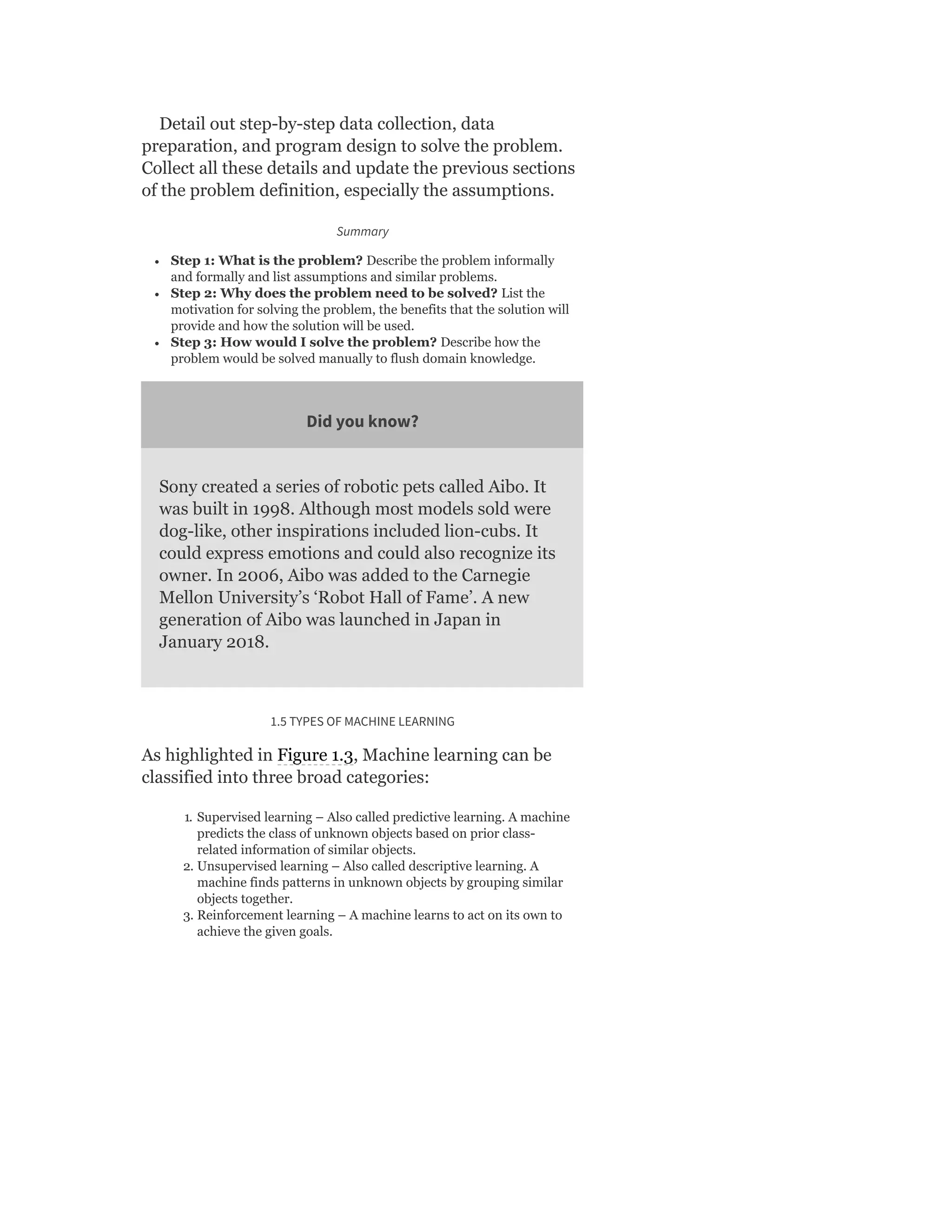 Detail out step-by-step data collection, data
preparation, and program design to solve the problem.
Collect all these details and update the previous sections
of the problem definition, especially the assumptions.
Summary
Step 1: What is the problem? Describe the problem informally
and formally and list assumptions and similar problems.
Step 2: Why does the problem need to be solved? List the
motivation for solving the problem, the benefits that the solution will
provide and how the solution will be used.
Step 3: How would I solve the problem? Describe how the
problem would be solved manually to flush domain knowledge.
Did you know?
Sony created a series of robotic pets called Aibo. It
was built in 1998. Although most models sold were
dog-like, other inspirations included lion-cubs. It
could express emotions and could also recognize its
owner. In 2006, Aibo was added to the Carnegie
Mellon University’s ‘Robot Hall of Fame’. A new
generation of Aibo was launched in Japan in
January 2018.
1.5 TYPES OF MACHINE LEARNING
As highlighted in Figure 1.3, Machine learning can be
classified into three broad categories:
1. Supervised learning – Also called predictive learning. A machine
predicts the class of unknown objects based on prior class-
related information of similar objects.
2. Unsupervised learning – Also called descriptive learning. A
machine finds patterns in unknown objects by grouping similar
objects together.
3. Reinforcement learning – A machine learns to act on its own to
achieve the given goals.
 