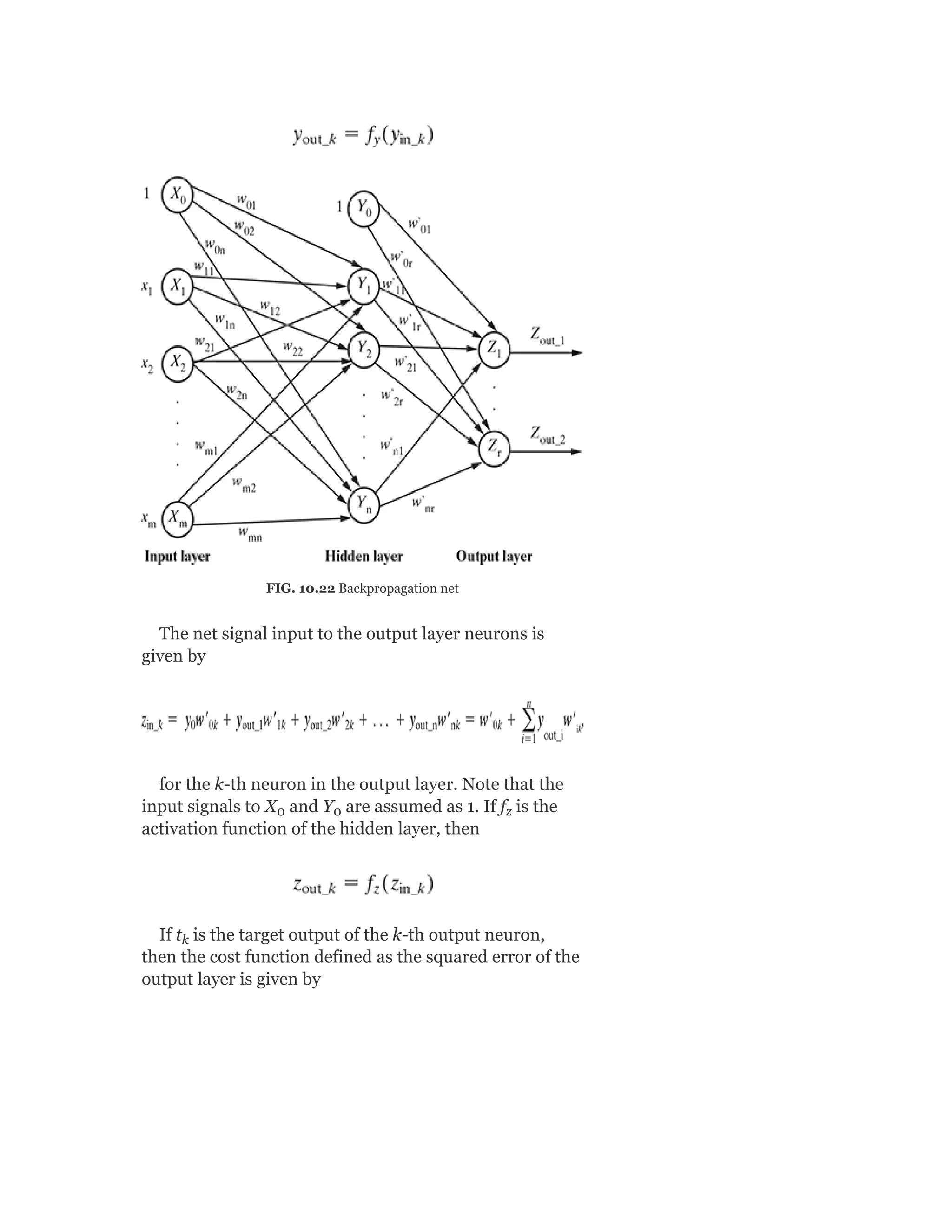 FIG. 10.22 Backpropagation net
The net signal input to the output layer neurons is
given by
for the k-th neuron in the output layer. Note that the
input signals to X and Y are assumed as 1. If f is the
activation function of the hidden layer, then
If t is the target output of the k-th output neuron,
then the cost function defined as the squared error of the
output layer is given by
0 0 z
k
 