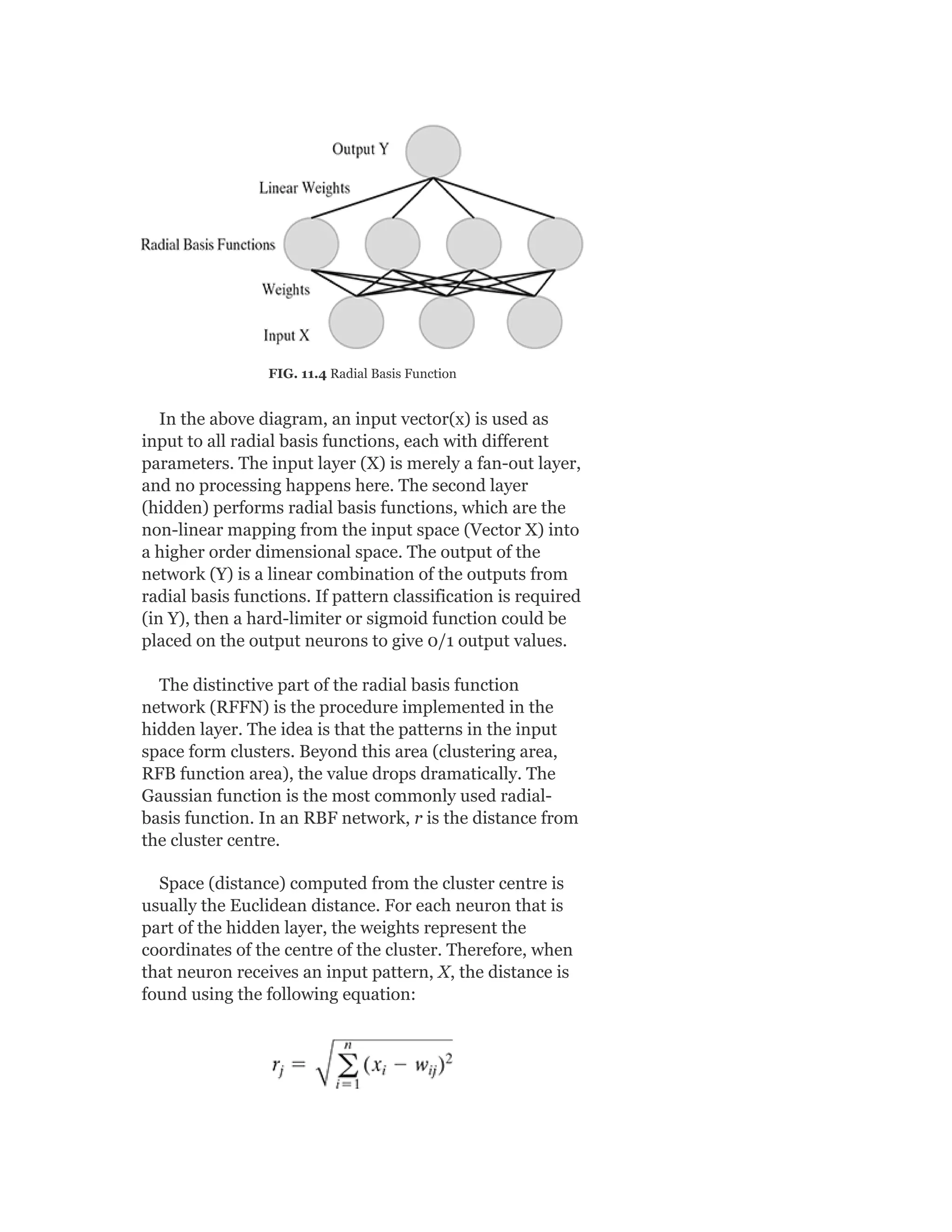 FIG. 11.4 Radial Basis Function
In the above diagram, an input vector(x) is used as
input to all radial basis functions, each with different
parameters. The input layer (X) is merely a fan-out layer,
and no processing happens here. The second layer
(hidden) performs radial basis functions, which are the
non-linear mapping from the input space (Vector X) into
a higher order dimensional space. The output of the
network (Y) is a linear combination of the outputs from
radial basis functions. If pattern classification is required
(in Y), then a hard-limiter or sigmoid function could be
placed on the output neurons to give 0/1 output values.
The distinctive part of the radial basis function
network (RFFN) is the procedure implemented in the
hidden layer. The idea is that the patterns in the input
space form clusters. Beyond this area (clustering area,
RFB function area), the value drops dramatically. The
Gaussian function is the most commonly used radial-
basis function. In an RBF network, r is the distance from
the cluster centre.
Space (distance) computed from the cluster centre is
usually the Euclidean distance. For each neuron that is
part of the hidden layer, the weights represent the
coordinates of the centre of the cluster. Therefore, when
that neuron receives an input pattern, X, the distance is
found using the following equation:
 