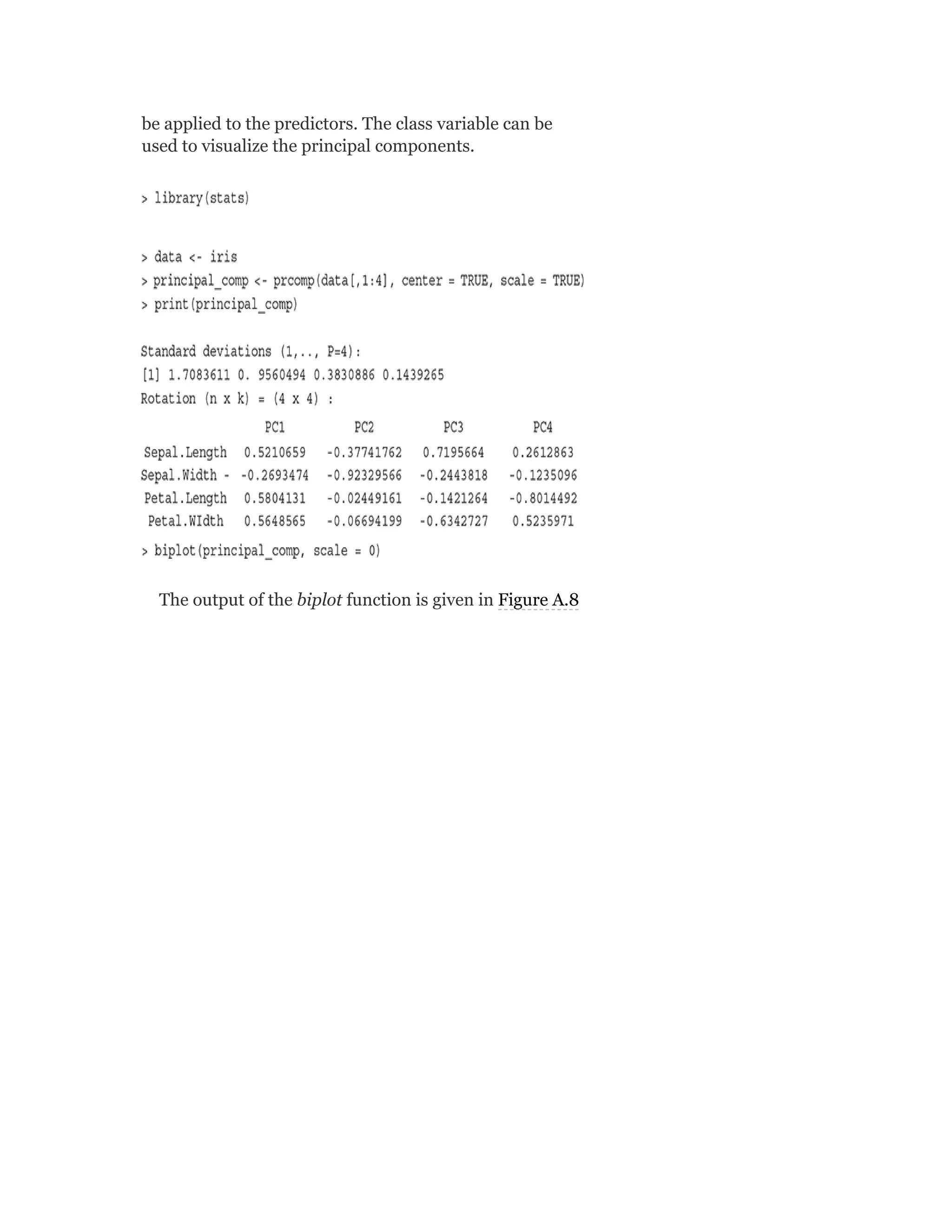 be applied to the predictors. The class variable can be
used to visualize the principal components.
The output of the biplot function is given in Figure A.8
 