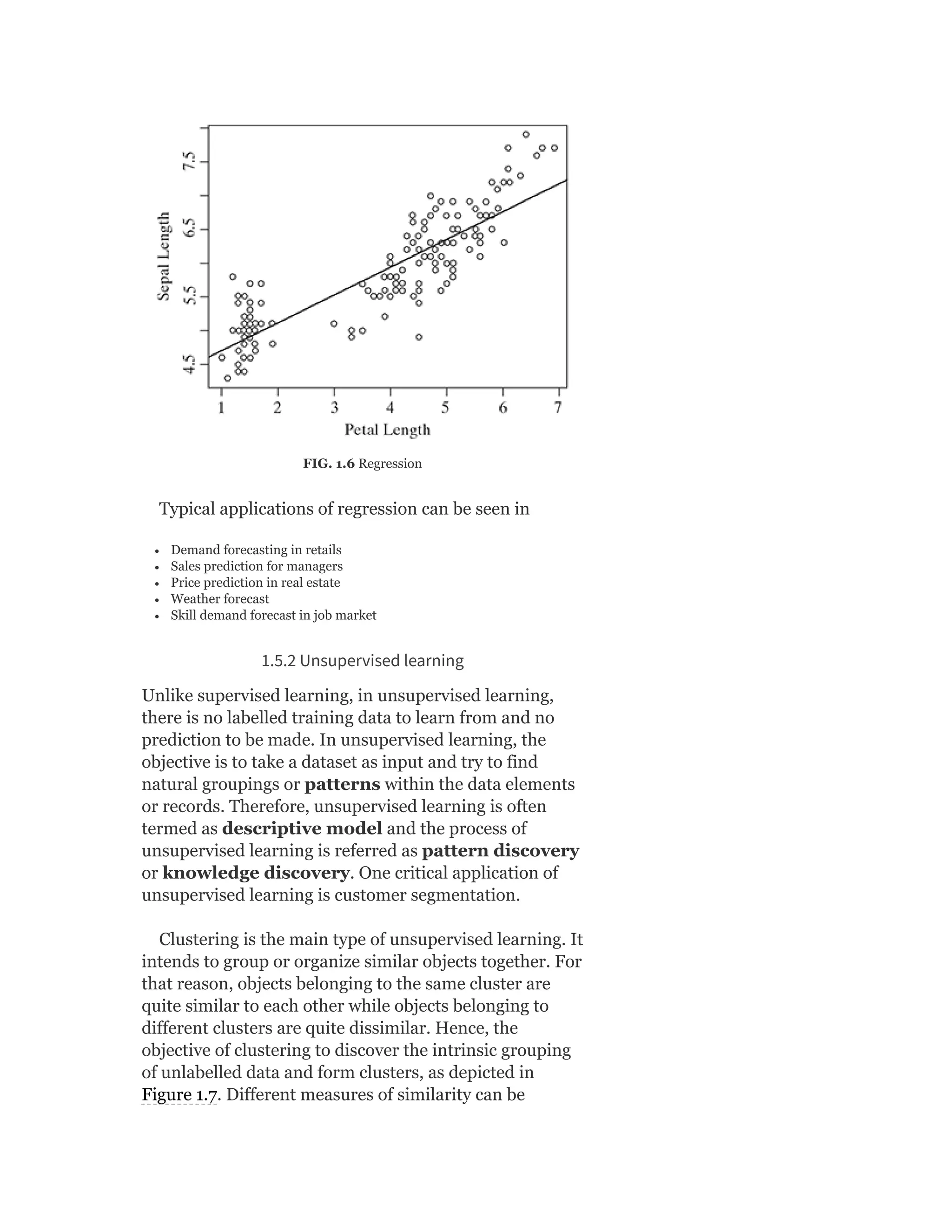 FIG. 1.6 Regression
Typical applications of regression can be seen in
Demand forecasting in retails
Sales prediction for managers
Price prediction in real estate
Weather forecast
Skill demand forecast in job market
1.5.2 Unsupervised learning
Unlike supervised learning, in unsupervised learning,
there is no labelled training data to learn from and no
prediction to be made. In unsupervised learning, the
objective is to take a dataset as input and try to find
natural groupings or patterns within the data elements
or records. Therefore, unsupervised learning is often
termed as descriptive model and the process of
unsupervised learning is referred as pattern discovery
or knowledge discovery. One critical application of
unsupervised learning is customer segmentation.
Clustering is the main type of unsupervised learning. It
intends to group or organize similar objects together. For
that reason, objects belonging to the same cluster are
quite similar to each other while objects belonging to
different clusters are quite dissimilar. Hence, the
objective of clustering to discover the intrinsic grouping
of unlabelled data and form clusters, as depicted in
Figure 1.7. Different measures of similarity can be
 