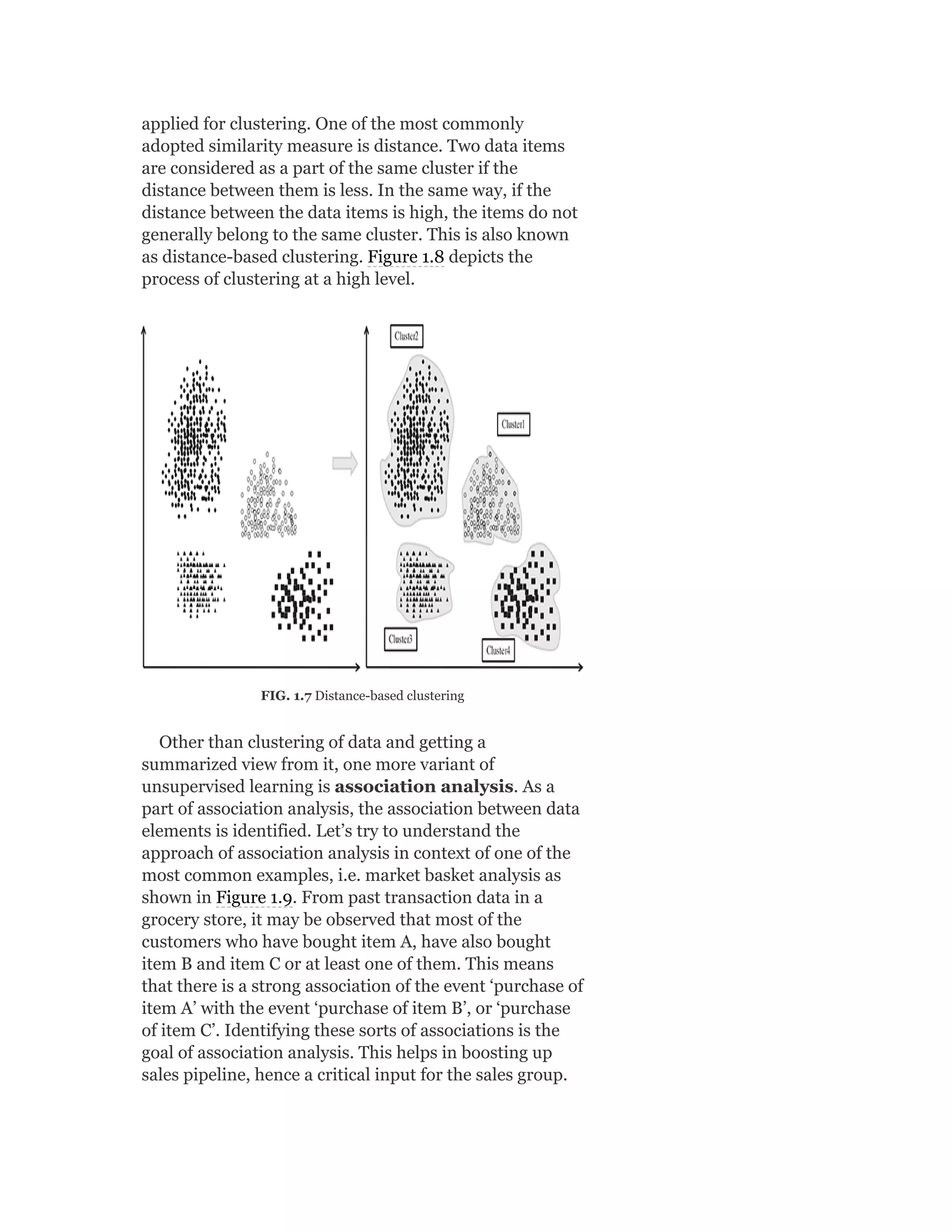 applied for clustering. One of the most commonly
adopted similarity measure is distance. Two data items
are considered as a part of the same cluster if the
distance between them is less. In the same way, if the
distance between the data items is high, the items do not
generally belong to the same cluster. This is also known
as distance-based clustering. Figure 1.8 depicts the
process of clustering at a high level.
FIG. 1.7 Distance-based clustering
Other than clustering of data and getting a
summarized view from it, one more variant of
unsupervised learning is association analysis. As a
part of association analysis, the association between data
elements is identified. Let’s try to understand the
approach of association analysis in context of one of the
most common examples, i.e. market basket analysis as
shown in Figure 1.9. From past transaction data in a
grocery store, it may be observed that most of the
customers who have bought item A, have also bought
item B and item C or at least one of them. This means
that there is a strong association of the event ‘purchase of
item A’ with the event ‘purchase of item B’, or ‘purchase
of item C’. Identifying these sorts of associations is the
goal of association analysis. This helps in boosting up
sales pipeline, hence a critical input for the sales group.
 