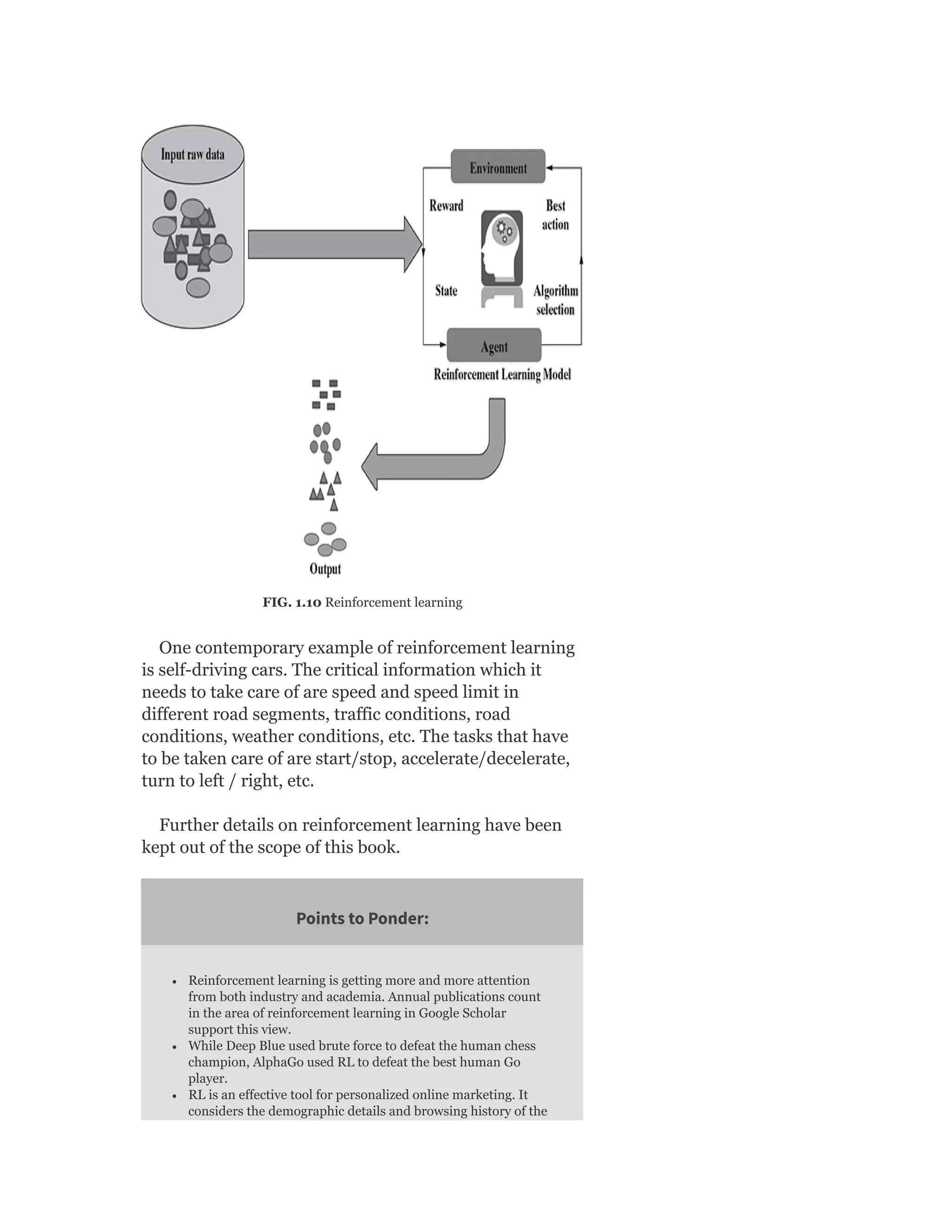 FIG. 1.10 Reinforcement learning
One contemporary example of reinforcement learning
is self-driving cars. The critical information which it
needs to take care of are speed and speed limit in
different road segments, traffic conditions, road
conditions, weather conditions, etc. The tasks that have
to be taken care of are start/stop, accelerate/decelerate,
turn to left / right, etc.
Further details on reinforcement learning have been
kept out of the scope of this book.
Points to Ponder:
Reinforcement learning is getting more and more attention
from both industry and academia. Annual publications count
in the area of reinforcement learning in Google Scholar
support this view.
While Deep Blue used brute force to defeat the human chess
champion, AlphaGo used RL to defeat the best human Go
player.
RL is an effective tool for personalized online marketing. It
considers the demographic details and browsing history of the
 