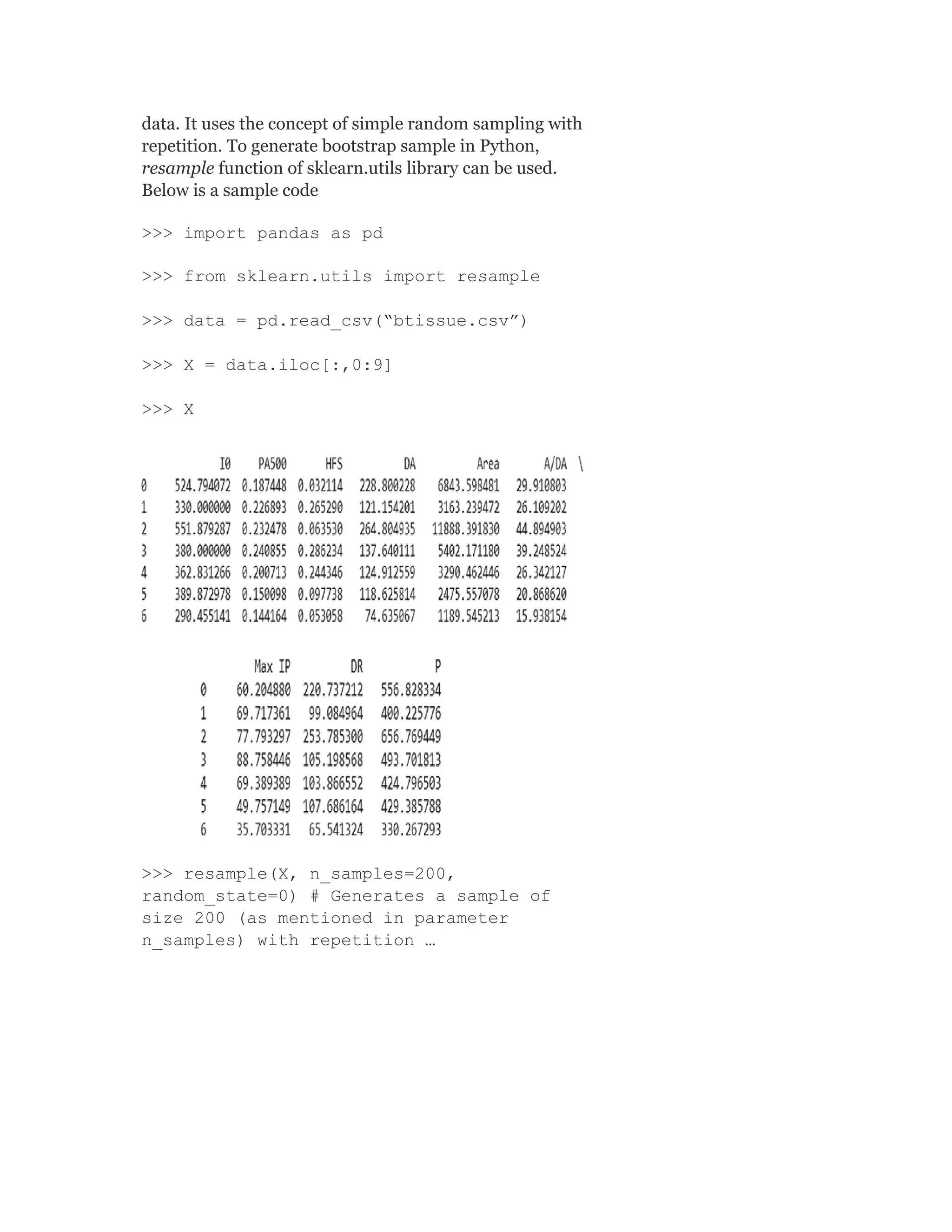 data. It uses the concept of simple random sampling with
repetition. To generate bootstrap sample in Python,
resample function of sklearn.utils library can be used.
Below is a sample code
>>> import pandas as pd
>>> from sklearn.utils import resample
>>> data = pd.read_csv(“btissue.csv”)
>>> X = data.iloc[:,0:9]
>>> X
>>> resample(X, n_samples=200,
random_state=0) # Generates a sample of
size 200 (as mentioned in parameter
n_samples) with repetition …
 
