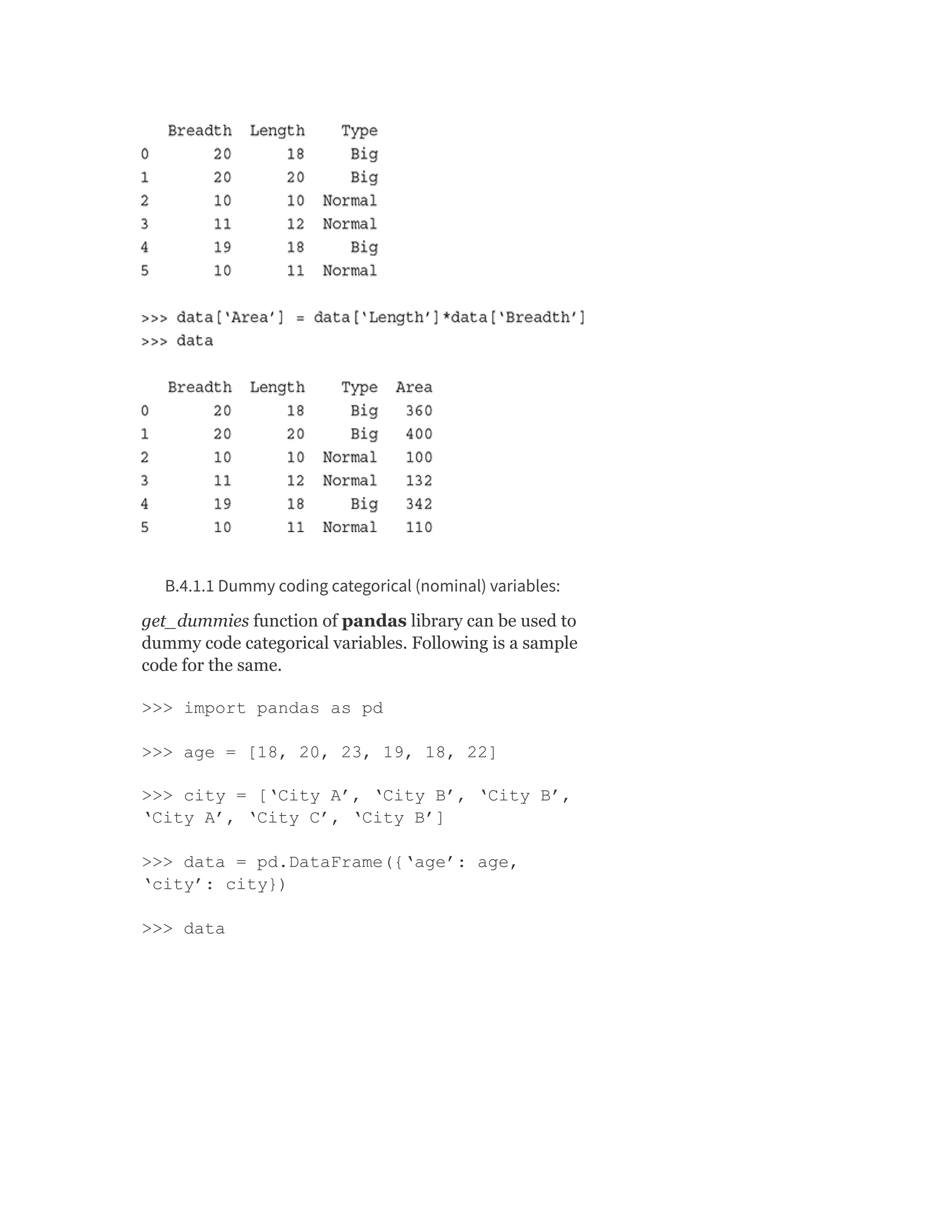 B.4.1.1 Dummy coding categorical (nominal) variables:
get_dummies function of pandas library can be used to
dummy code categorical variables. Following is a sample
code for the same.
>>> import pandas as pd
>>> age = [18, 20, 23, 19, 18, 22]
>>> city = [‘City A’, ‘City B’, ‘City B’,
‘City A’, ‘City C’, ‘City B’]
>>> data = pd.DataFrame({‘age’: age,
‘city’: city})
>>> data
 