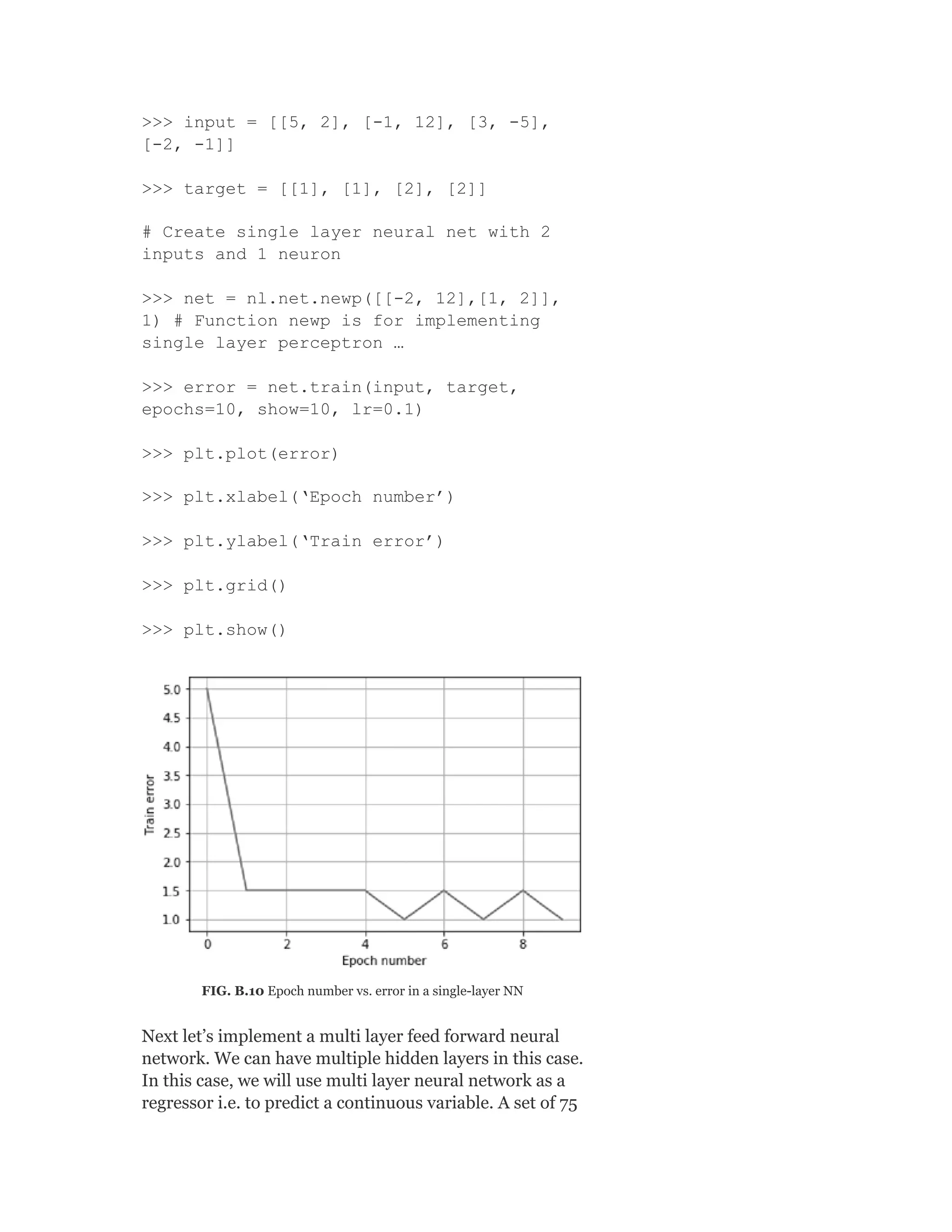 >>> input = [[5, 2], [-1, 12], [3, -5],
[-2, -1]]
>>> target = [[1], [1], [2], [2]]
# Create single layer neural net with 2
inputs and 1 neuron
>>> net = nl.net.newp([[-2, 12],[1, 2]],
1) # Function newp is for implementing
single layer perceptron …
>>> error = net.train(input, target,
epochs=10, show=10, lr=0.1)
>>> plt.plot(error)
>>> plt.xlabel(‘Epoch number’)
>>> plt.ylabel(‘Train error’)
>>> plt.grid()
>>> plt.show()
FIG. B.10 Epoch number vs. error in a single-layer NN
Next let’s implement a multi layer feed forward neural
network. We can have multiple hidden layers in this case.
In this case, we will use multi layer neural network as a
regressor i.e. to predict a continuous variable. A set of 75
 