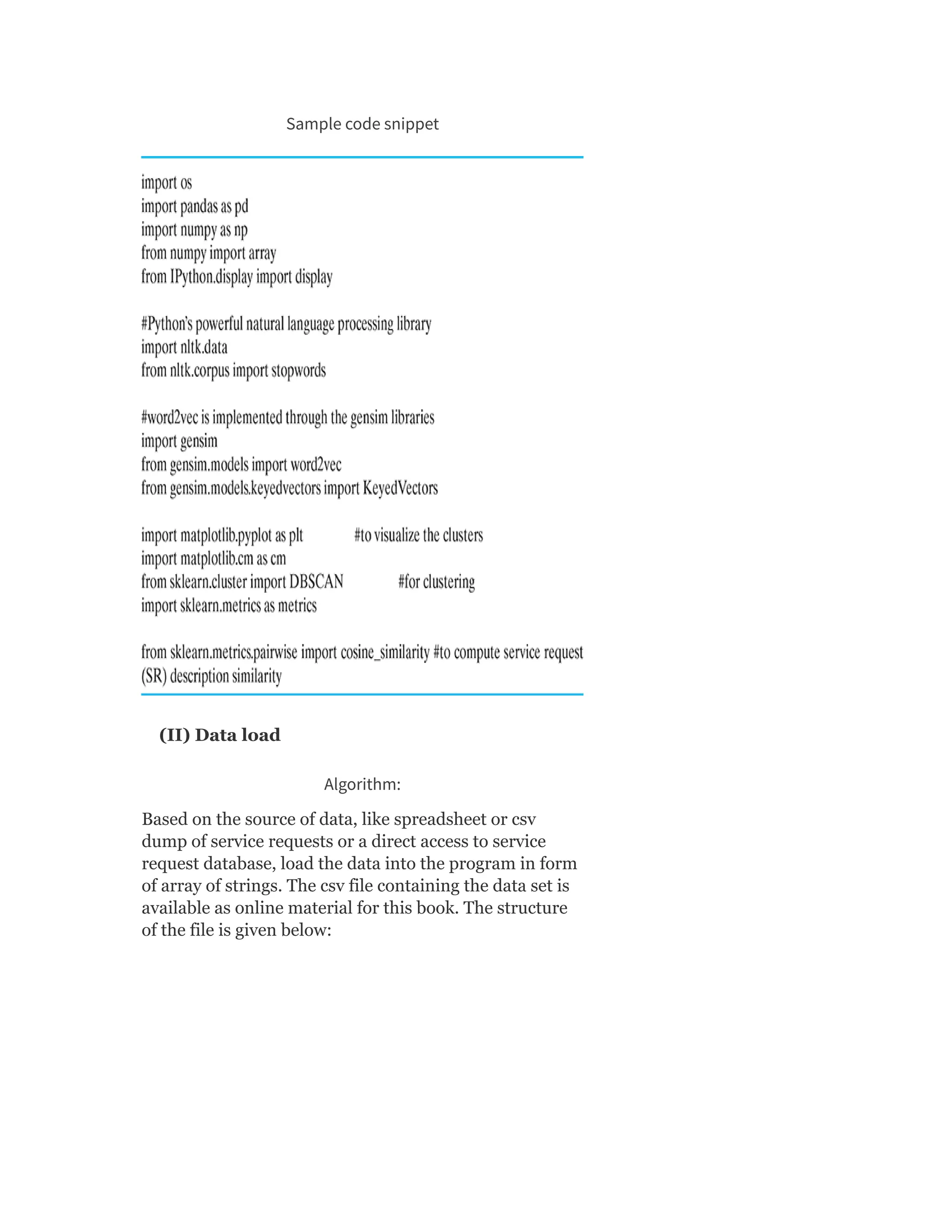 Sample code snippet
(II) Data load
Algorithm:
Based on the source of data, like spreadsheet or csv
dump of service requests or a direct access to service
request database, load the data into the program in form
of array of strings. The csv file containing the data set is
available as online material for this book. The structure
of the file is given below:
 