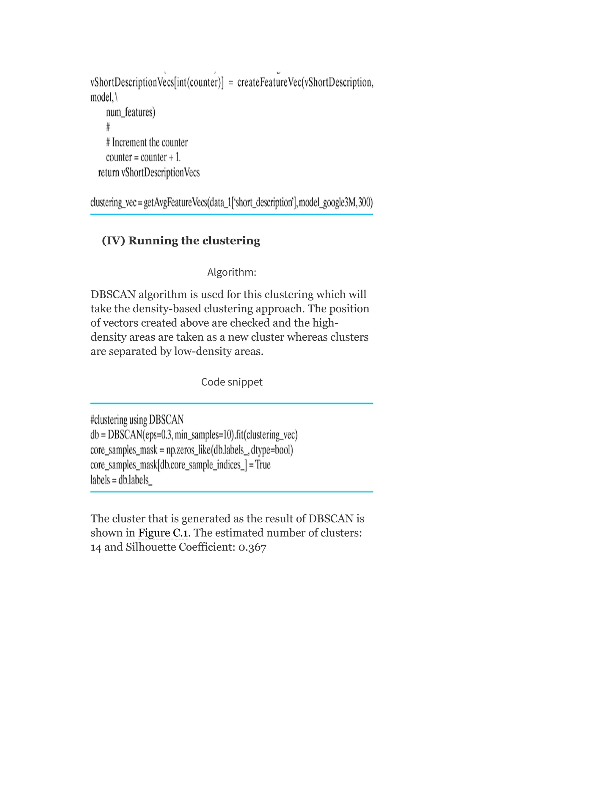 (IV) Running the clustering
Algorithm:
DBSCAN algorithm is used for this clustering which will
take the density-based clustering approach. The position
of vectors created above are checked and the high-
density areas are taken as a new cluster whereas clusters
are separated by low-density areas.
Code snippet
The cluster that is generated as the result of DBSCAN is
shown in Figure C.1. The estimated number of clusters:
14 and Silhouette Coefficient: 0.367
 