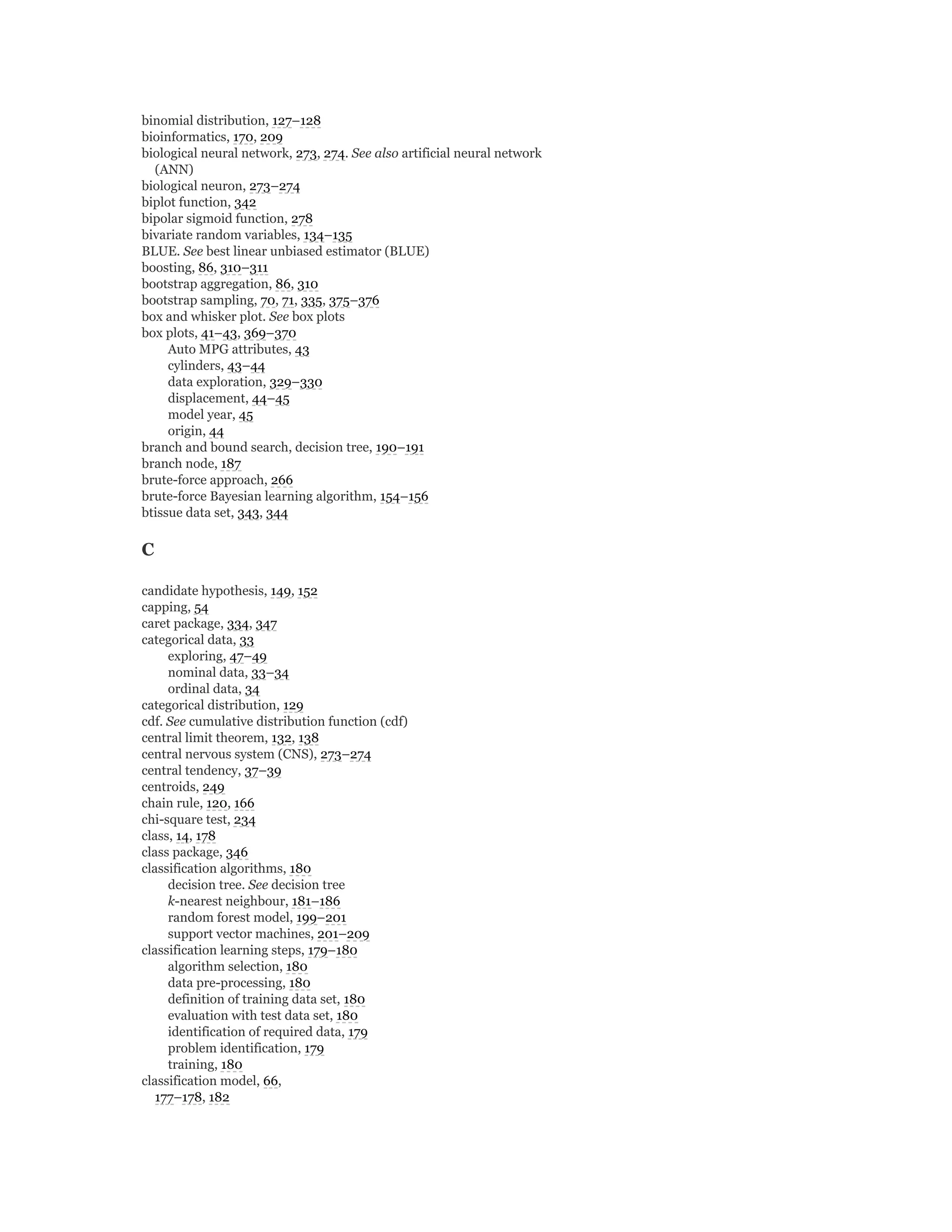 binomial distribution, 127–128
bioinformatics, 170, 209
biological neural network, 273, 274. See also artificial neural network
(ANN)
biological neuron, 273–274
biplot function, 342
bipolar sigmoid function, 278
bivariate random variables, 134–135
BLUE. See best linear unbiased estimator (BLUE)
boosting, 86, 310–311
bootstrap aggregation, 86, 310
bootstrap sampling, 70, 71, 335, 375–376
box and whisker plot. See box plots
box plots, 41–43, 369–370
Auto MPG attributes, 43
cylinders, 43–44
data exploration, 329–330
displacement, 44–45
model year, 45
origin, 44
branch and bound search, decision tree, 190–191
branch node, 187
brute-force approach, 266
brute-force Bayesian learning algorithm, 154–156
btissue data set, 343, 344
C
candidate hypothesis, 149, 152
capping, 54
caret package, 334, 347
categorical data, 33
exploring, 47–49
nominal data, 33–34
ordinal data, 34
categorical distribution, 129
cdf. See cumulative distribution function (cdf)
central limit theorem, 132, 138
central nervous system (CNS), 273–274
central tendency, 37–39
centroids, 249
chain rule, 120, 166
chi-square test, 234
class, 14, 178
class package, 346
classification algorithms, 180
decision tree. See decision tree
k-nearest neighbour, 181–186
random forest model, 199–201
support vector machines, 201–209
classification learning steps, 179–180
algorithm selection, 180
data pre-processing, 180
definition of training data set, 180
evaluation with test data set, 180
identification of required data, 179
problem identification, 179
training, 180
classification model, 66,
177–178, 182
 