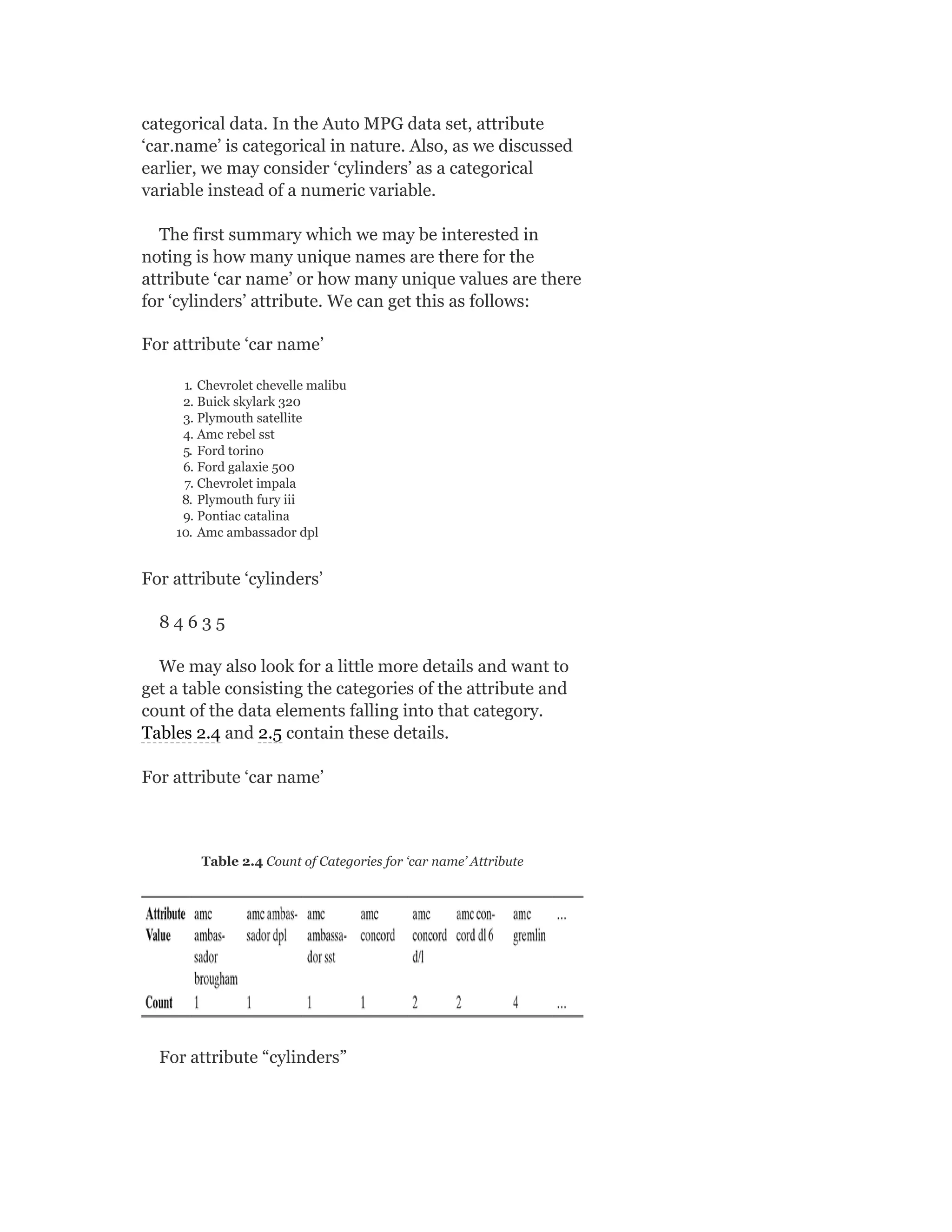 categorical data. In the Auto MPG data set, attribute
‘car.name’ is categorical in nature. Also, as we discussed
earlier, we may consider ‘cylinders’ as a categorical
variable instead of a numeric variable.
The first summary which we may be interested in
noting is how many unique names are there for the
attribute ‘car name’ or how many unique values are there
for ‘cylinders’ attribute. We can get this as follows:
For attribute ‘car name’
1. Chevrolet chevelle malibu
2. Buick skylark 320
3. Plymouth satellite
4. Amc rebel sst
5. Ford torino
6. Ford galaxie 500
7. Chevrolet impala
8. Plymouth fury iii
9. Pontiac catalina
10. Amc ambassador dpl
For attribute ‘cylinders’
8 4 6 3 5
We may also look for a little more details and want to
get a table consisting the categories of the attribute and
count of the data elements falling into that category.
Tables 2.4 and 2.5 contain these details.
For attribute ‘car name’
Table 2.4 Count of Categories for ‘car name’ Attribute
For attribute “cylinders”
 
