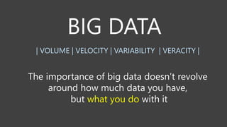 how much data
what you do
| VOLUME | VELOCITY | VARIABILITY | VERACITY |
 