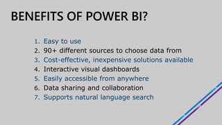 1. Easy to use
2. 90+ different sources to choose data from
3. Cost-effective, inexpensive solutions available
4. Interactive visual dashboards
5. Easily accessible from anywhere
6. Data sharing and collaboration
7. Supports natural language search
 