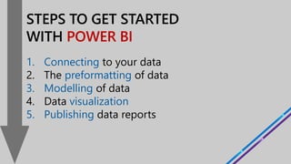 WITH POWER BI
1. Connecting to your data
2. The preformatting of data
3. Modelling of data
4. Data visualization
5. Publishing data reports
 