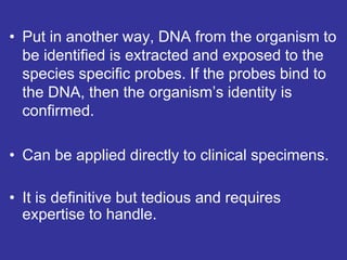 • Put in another way, DNA from the organism to
be identified is extracted and exposed to the
species specific probes. If the probes bind to
the DNA, then the organism’s identity is
confirmed.
• Can be applied directly to clinical specimens.
• It is definitive but tedious and requires
expertise to handle.
 