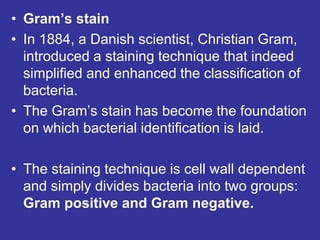 • Gram’s stain
• In 1884, a Danish scientist, Christian Gram,
introduced a staining technique that indeed
simplified and enhanced the classification of
bacteria.
• The Gram’s stain has become the foundation
on which bacterial identification is laid.
• The staining technique is cell wall dependent
and simply divides bacteria into two groups:
Gram positive and Gram negative.
 