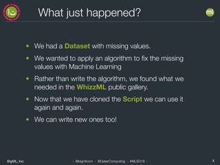 BigML, Inc X· @bigmlcom · @QatarComputing · #MLSD18 ·
What just happened?
• We had a Dataset with missing values.
• We wanted to apply an algorithm to ﬁx the missing
values with Machine Learning
• Rather than write the algorithm, we found what we
needed in the WhizzML public gallery.
• Now that we have cloned the Script we can use it
again and again.
• We can write new ones too!
 