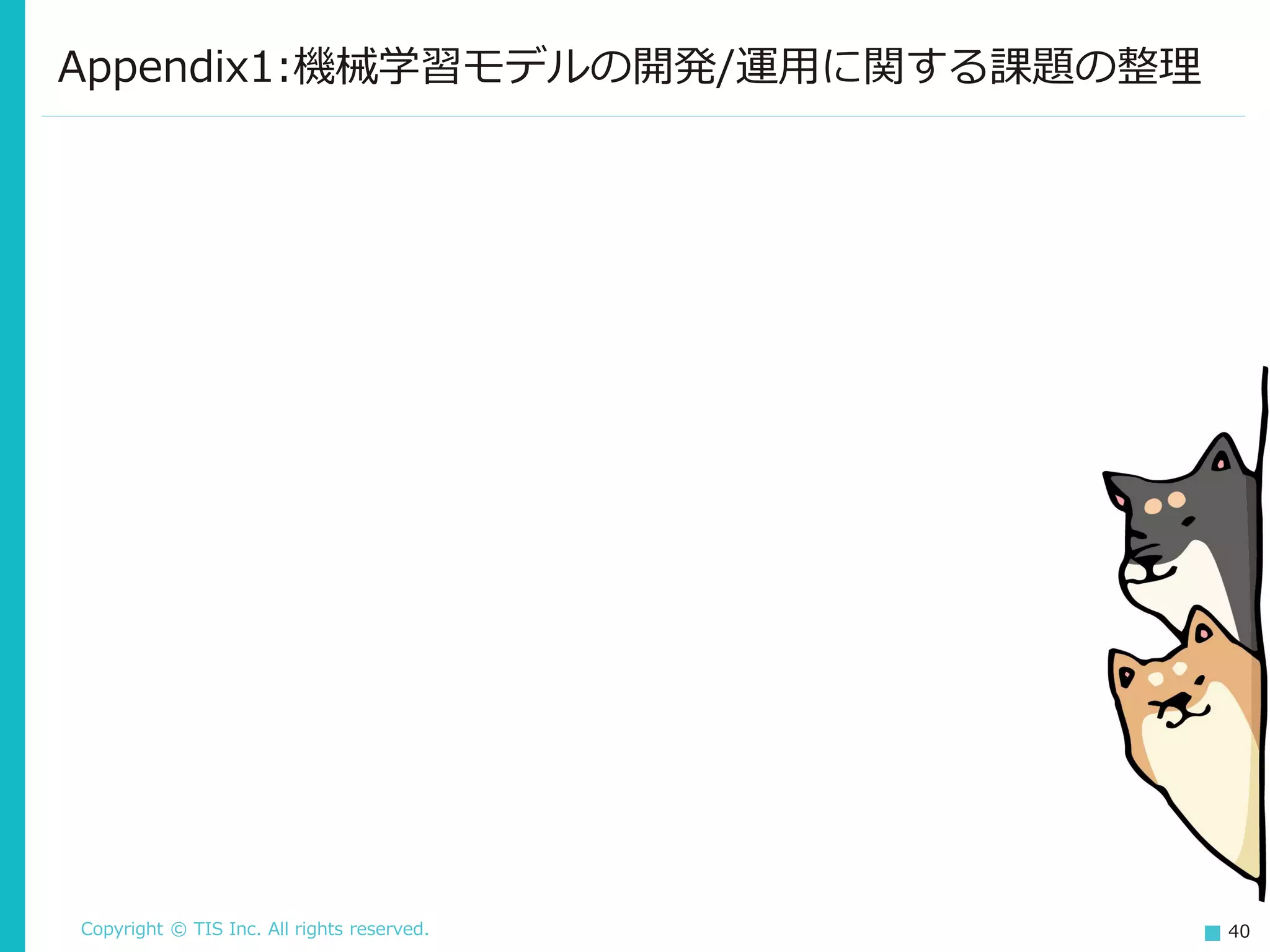 Copyright © TIS Inc. All rights reserved. 40
Appendix1:機械学習モデルの開発/運用に関する課題の整理
 