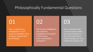 Philosophically Fundamental Questions
Can a machine act
intelligently? Can it
solve any problem that
a person would solve
by thinking?
01
Are human intelligence
and machine
intelligence the same?
Is the human
brain essentially a
computer?
02
Can a machine have
a mind, mental states,
and consciousness in
the same way that a
human being can? Can
it feel how things are?
03
 