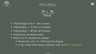 #MLSEV 9
Accuracy
TP + TN
Total
• “Percentage correct” - like an exam
• If Accuracy = 1 then no mistakes
• If Accuracy = 0 then all mistakes
• Intuitive but not always useful
• Watch out for unbalanced classes!
• Remember, only 1 in 1000 have the disease
• A silly model which always predicts “well” is 99.9% accurate
 