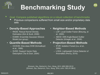 Dietterich #MLSEV 17
• Goal: Compare published algorithms on a robust collection of benchmarks
• Previous comparisons suffered from small size and/or proprietary data
sets
Benchmarking Study
• Density-Based Approaches
– RKDE: Robust Kernel Density
Estimation (Kim & Scott, 2008)
– EGMM: Ensemble Gaussian Mixture
Model (our group)
• Quantile-Based Methods
– OCSVM: One-class SVM (Schoelkopf,
et al., 1999)
– SVDD: Support Vector Data
Description (Tax & Duin, 2004)
[Emmott, Das, Dietterich, Fern, Wong, 2013; KDD ODD-2013]
[Emmott, Das, Dietterich, Fern, Wong. 2016; arXiv 1503.01158v2]
• Neighbor-Based Methods
– LOF: Local Outlier Factor (Breunig, et
al., 2000)
– ABOD: kNN Angle-Based Outlier
Detector (Kriegel, et al., 2008)
• Projection-Based Methods
– IFOR: Isolation Forest (Liu, et al.,
2008)
– LODA: Lightweight Online Detector of
Anomalies (Pevny, 2016)
 