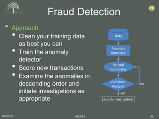 Dietterich #MLSEV 24
• Approach
• Clean your training data
as best you can
• Train the anomaly
detector
• Score new transactions
• Examine the anomalies in
descending order and
initiate investigations as
appropriate
Fraud Detection
Data
Anomaly
Detection
Ranked
Candidates
Convince
Analyst?
Launch Investigation
no
yes
 