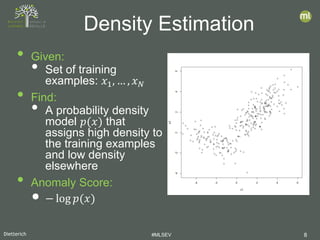 Dietterich #MLSEV 8
• Given:
• Set of training
examples: 𝑥𝑥1, … , 𝑥𝑥𝑁𝑁
• Find:
• A probability density
model 𝑝𝑝(𝑥𝑥) that
assigns high density to
the training examples
and low density
elsewhere
• Anomaly Score:
• − log 𝑝𝑝(𝑥𝑥)
Density Estimation
 