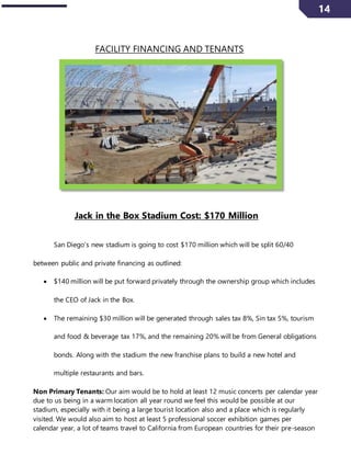 14
FACILITY FINANCING AND TENANTS
Jack in the Box Stadium Cost: $170 Million
San Diego’s new stadium is going to cost $170 million which will be split 60/40
between public and private financing as outlined:
 $140 million will be put forward privately through the ownership group which includes
the CEO of Jack in the Box.
 The remaining $30 million will be generated through sales tax 8%, Sin tax 5%, tourism
and food & beverage tax 17%, and the remaining 20% will be from General obligations
bonds. Along with the stadium the new franchise plans to build a new hotel and
multiple restaurants and bars.
Non Primary Tenants: Our aim would be to hold at least 12 music concerts per calendar year
due to us being in a warm location all year round we feel this would be possible at our
stadium, especially with it being a large tourist location also and a place which is regularly
visited. We would also aim to host at least 5 professional soccer exhibition games per
calendar year, a lot of teams travel to California from European countries for their pre-season
 