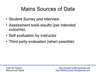 Train the Trainer
Mohammad Tawfik
http://AcademyOfKnowledge.org
http://WikiCourses.WikiSpaces.com
Mains Sources of Data
●
Student Survey and interview
●
Assessment tools results (per intended
outcome)
●
Self evaluation by instructor
●
Third party evaluation (when possible)
 