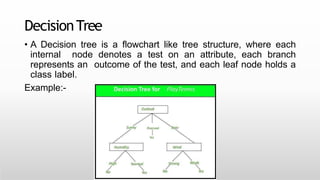 DecisionTree
• A Decision tree is a flowchart like tree structure, where each
internal node denotes a test on an attribute, each branch
represents an outcome of the test, and each leaf node holds a
class label.
Example:-
 