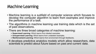 Machine Learning
• Machine learning is a subfield of computer science which focuses to
develop the computer algorithm to learn from examples and improve
the performance of a task.
• The algorithms in machine learning use training data which is the set
of past observations.
• There are three broad categories of machine learning:
 Supervised Learning: Which learns from labeled examples.
 Unsupervised Learning: Which learns from unlabeled examples.
 Reinforcement Learning: Which learns from environment through feedbacks.
• It develops predictive analytics models which allow researchers, data
scientists to predict about future based on past and current data.
 