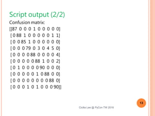 Script output (2/2)
Confusion matrix:
[[87 0 0 0 1 0 0 0 0 0]
[ 0 88 1 0 0 0 0 0 1 1]
[ 0 0 85 1 0 0 0 0 0 0]
[ 0 0 0 79 0 3 0 4 5 0]
[ 0 0 0 0 88 0 0 0 0 4]
[ 0 0 0 0 0 88 1 0 0 2]
[ 0 1 0 0 0 0 90 0 0 0]
[ 0 0 0 0 0 1 0 88 0 0]
[ 0 0 0 0 0 0 0 0 88 0]
[ 0 0 0 1 0 1 0 0 0 90]] 13
Cicilia Lee @ PyCon TW 2016
 