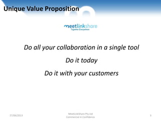 Together Everywhere
Unique Value Proposition
Do all your collaboration in a single tool
Do it today
Do it with your customers
27/06/2013
MeetLinkShare Pty Ltd
Commercial in Confidence
3
 