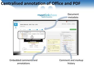 Together Everywhere
Centralised annotation of Office and PDF
VALLEY GRAMMAR
SCHOOL
Embedded comments and
annotations
Comment and markup
history
Document
metadata
 