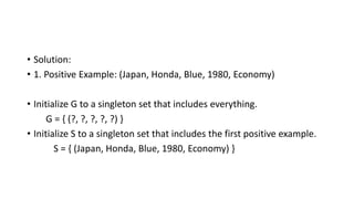 • Solution:
• 1. Positive Example: (Japan, Honda, Blue, 1980, Economy)
• Initialize G to a singleton set that includes everything.
G = { (?, ?, ?, ?, ?) }
• Initialize S to a singleton set that includes the first positive example.
S = { (Japan, Honda, Blue, 1980, Economy) }
 