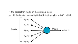• The perceptron works on these simple steps
a. All the inputs x are multiplied with their weights w. Let’s call it k.
 