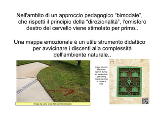 Nell'ambito di un approccio pedagogico “bimodale”,
che rispetti il principio della “direzionalità”, l'emisfero
    destro del cervello viene stimolato per primo..

Una mappa emozionale è un utile strumento didattico
      per avvicinare i discenti alla complessità
              dell'ambiente naturale..

                                                   Image taken in
                                                      Macerata
                                                    (2010) during
                                                    an explorative
                                                      path using
                                                   mobile devices
                                                     to create a
                                                         map




       Image by Jeco: www.flickr.com/photos/jeco
 