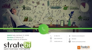 facebook.com/stratebiopenbi
@stratebi
linkedin.com/company/stratebi
Datos de contacto:
Madrid: Avda. del Brasil, 17, 16ºAB
Barcelona: C/ Valencia, 63
Alicante: C/Italia 23, 4º Derecha
91 788 34 10
www.stratebi.com
info@stratebi.com
 
