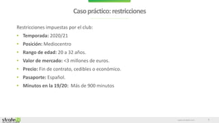 www.stratebi.com
Casopráctico:restricciones
5
Restricciones impuestas por el club:
• Temporada: 2020/21
• Posición: Mediocentro
• Rango de edad: 20 a 32 años.
• Valor de mercado: <3 millones de euros.
• Precio: Fin de contrato, cedibles o económico.
• Pasaporte: Español.
• Minutos en la 19/20: Más de 900 minutos
 