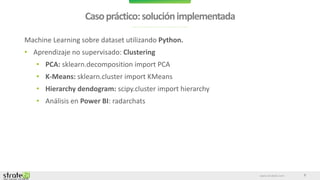 www.stratebi.com
Casopráctico:soluciónimplementada
8
Machine Learning sobre dataset utilizando Python.
• Aprendizaje no supervisado: Clustering
• PCA: sklearn.decomposition import PCA
• K-Means: sklearn.cluster import KMeans
• Hierarchy dendogram: scipy.cluster import hierarchy
• Análisis en Power BI: radarchats
 
