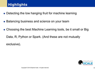 Highlights
 Detecting the low hanging fruit for machine learning
 Balancing business and science on your team
 Choosing the best Machine Learning tools, be it small or Big
Data, R, Python or Spark. (And these are not mutually
exclusive).
Copyright © 2016 Elephant Scale. All rights reserved. 2
 