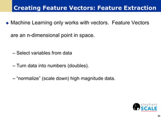 Creating Feature Vectors: Feature Extraction
 Machine Learning only works with vectors. Feature Vectors
are an n-dimensional point in space.
– Select variables from data
– Turn data into numbers (doubles).
– “normalize” (scale down) high magnitude data.
24
 