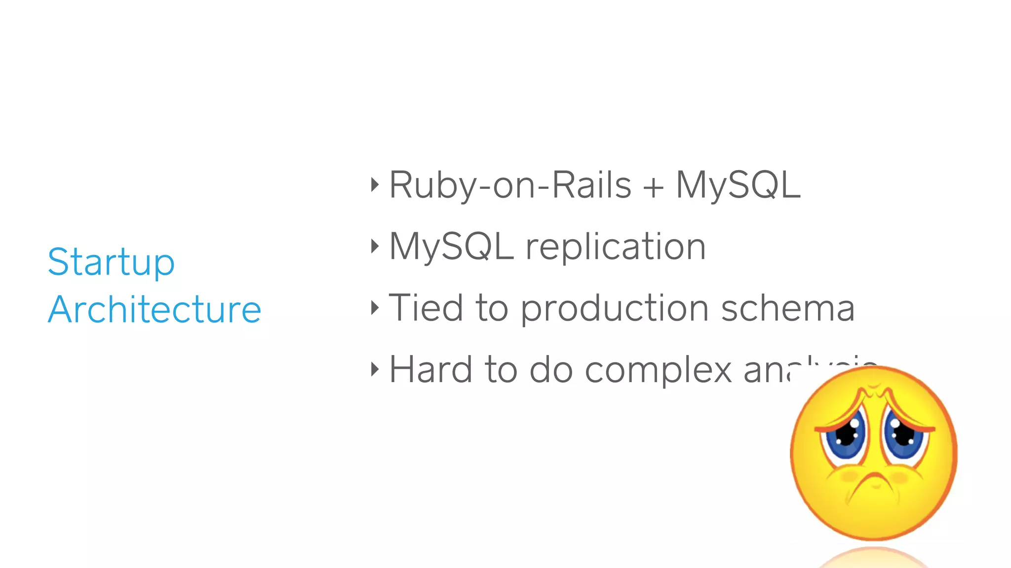 ‣ Ruby-on-Rails + MySQL
‣ MySQL replication
‣ Tied to production schema
‣ Hard to do complex analysis
Startup
Architecture
 